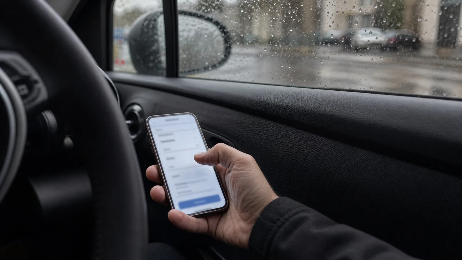 Formulaire de devis d’assurance affiché sur un smartphone tenu dans une voiture