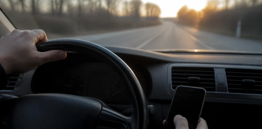 Conducteur avec un smartphone visible dans son champ de vision au volant