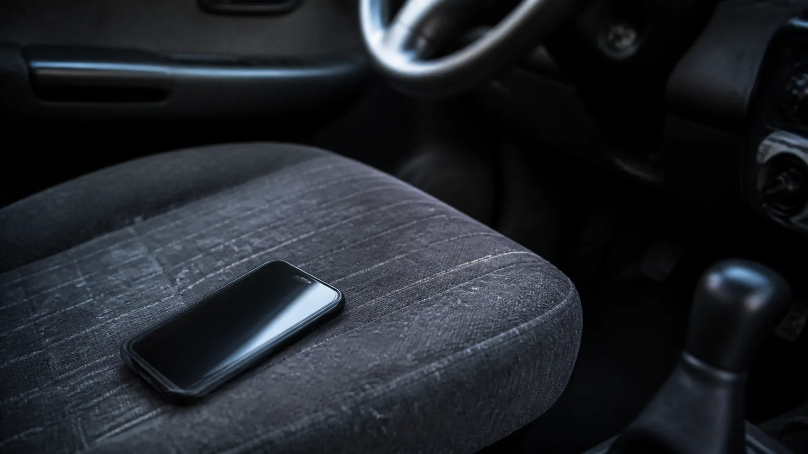 Téléphone qui vibre sur le siège passager, volant flou en arrière-plan