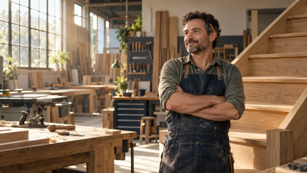 Artisan menuisier dans son atelier, assurance RC Pro et décennale